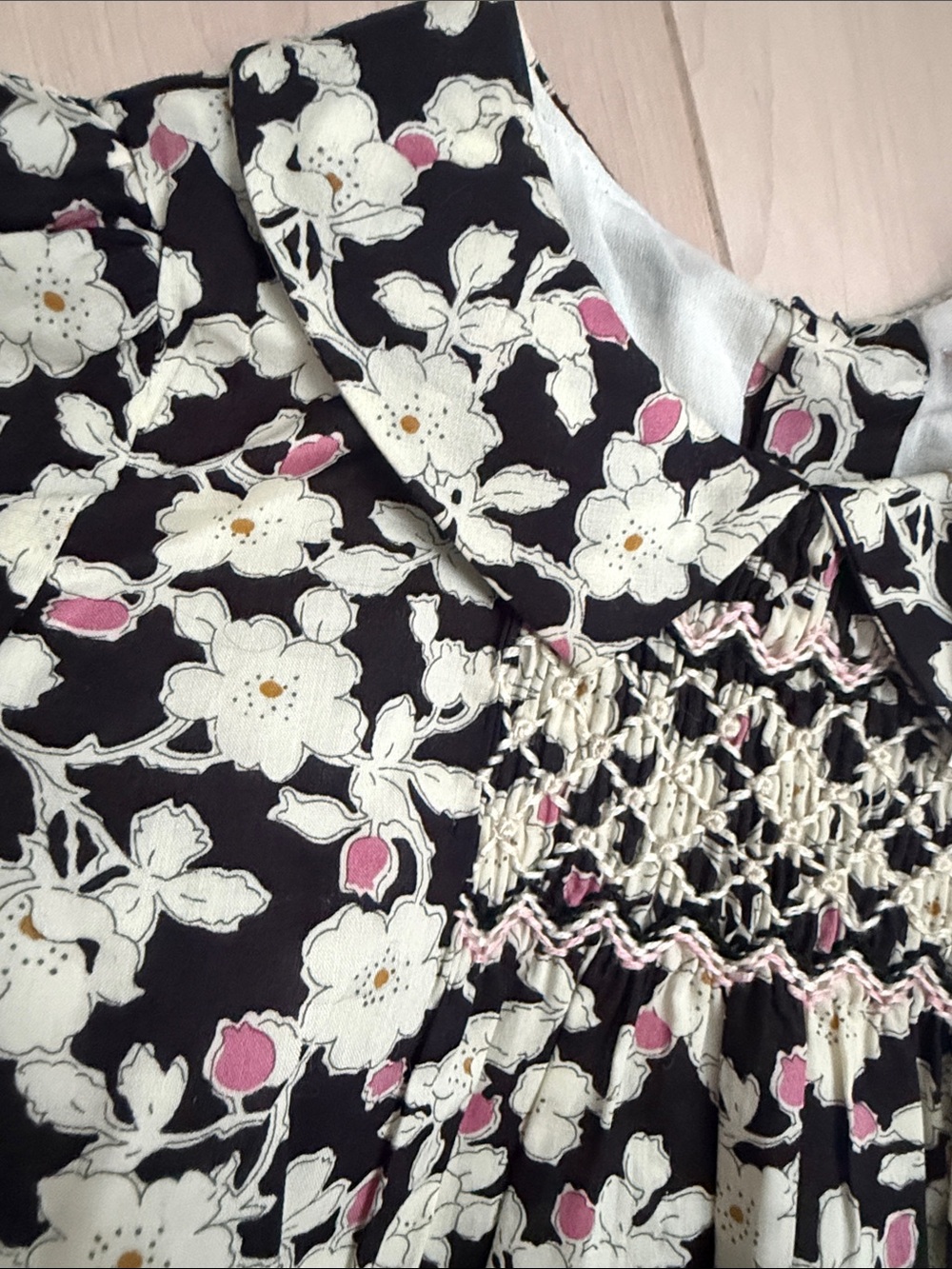 Bonpoint Black Floral Smocked Dress with Pink Accents - Picture 2 of 12